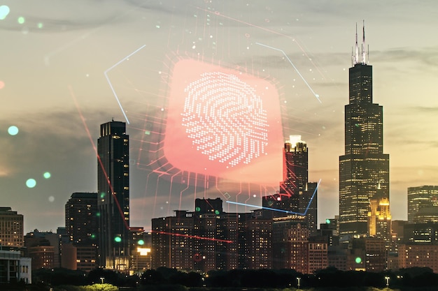 Double exposure of virtual creative fingerprint hologram on Chicago city skyscrapers background research and development concept