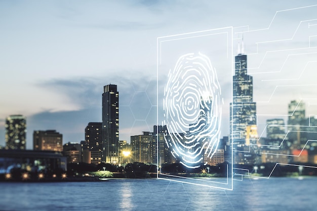 Double exposure of virtual creative fingerprint hologram on Chicago city skyscrapers background research and development concept