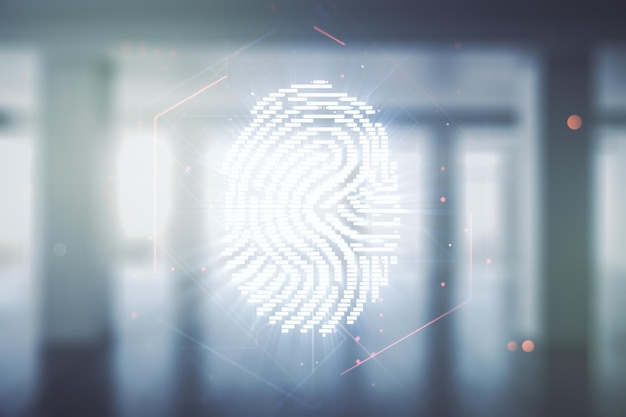Double exposure of virtual creative fingerprint hologram on empty modern office background research and development concept