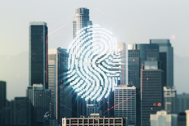 Double exposure of virtual creative fingerprint hologram on Los Angeles city skyscrapers background research and development concept