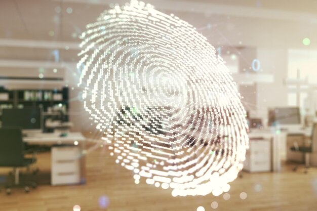 Double exposure of virtual creative fingerprint hologram on a modern furnished office interior background protection of personal information concept
