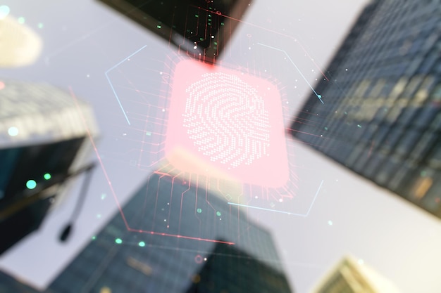 Double exposure of virtual creative fingerprint hologram on modern skyscrapers background research and development concept