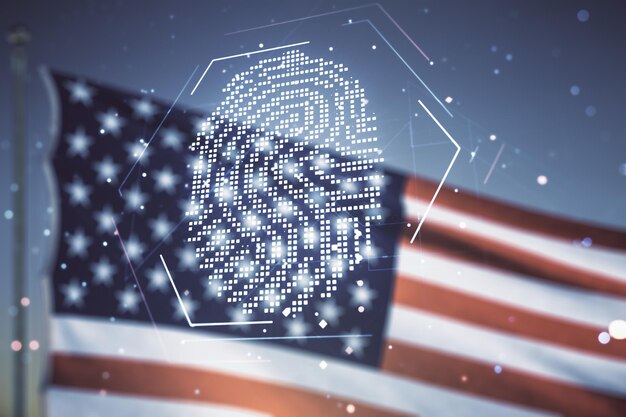 Double exposure of virtual creative fingerprint hologram on US flag and blue sky background protection of personal information concept