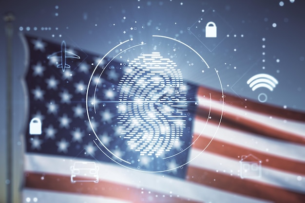 Double exposure of virtual creative fingerprint hologram on US flag and blue sky background protection of personal information concept