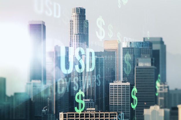 Photo double exposure of virtual usd symbols hologram on los angeles city skyscrapers background banking and investing concept