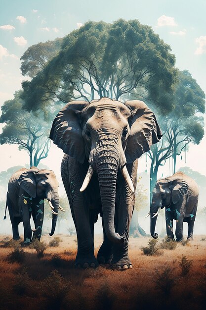 Double exposure with elephants and trees created using generative ai technology