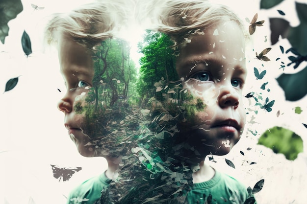 Double exposure with flying child in green garden