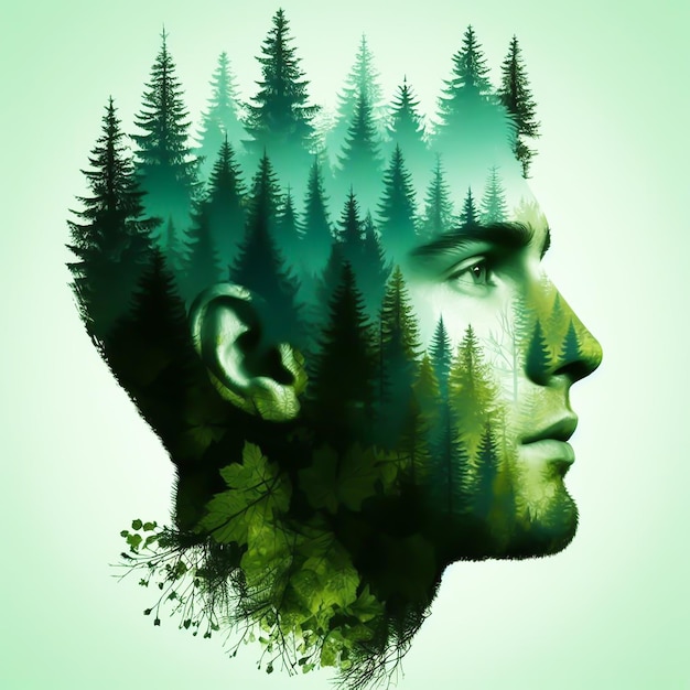 Double exposure with a mans face and a forest Womans Day Environment concept AI generated