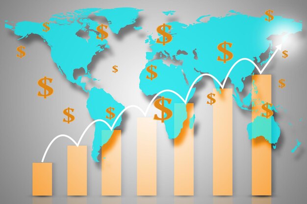 写真 赤い世界地図とビジネスと金融のコンセプトから下向きのバーグラフのダブルエクスポージャー