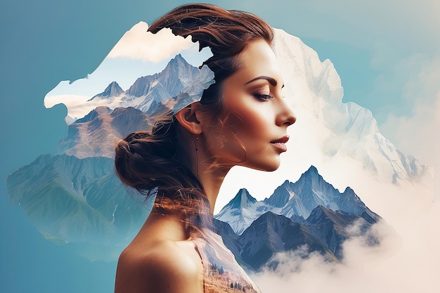 Double exposure with womans profile and mountains landscape created using generative ai technology