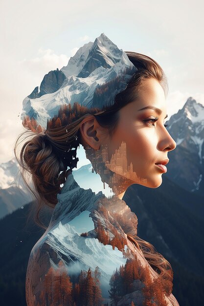 Double exposure with womans profile and mountains landscape created using generative ai technology