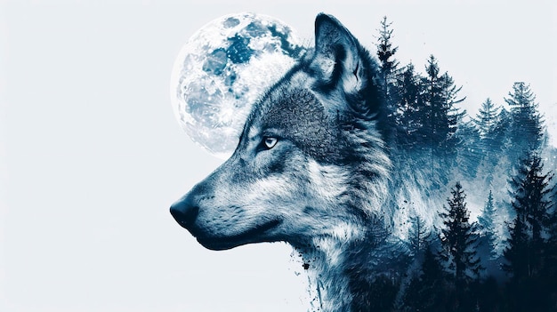 Double exposure of wolf and forest