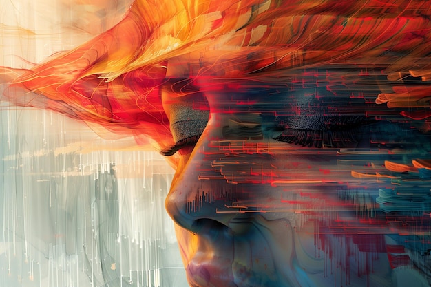 Double exposure of woman face and technology background 3D rendering