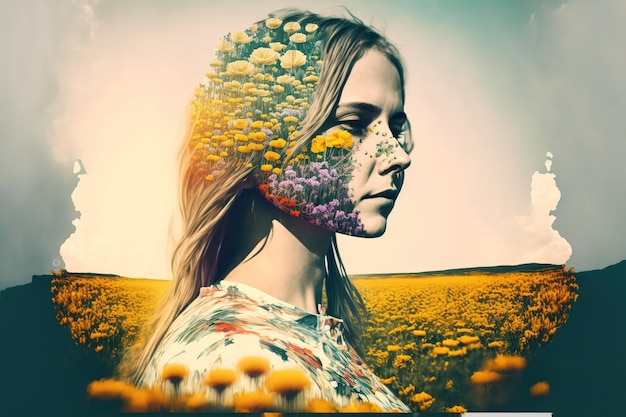 Foto doppia esposizione donna e fiore per un concetto di mentalità di crescita positiva