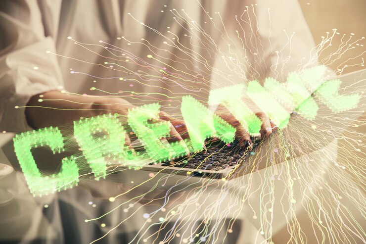 Photo double exposure of woman hands typing on computer and creative drawing start up concept