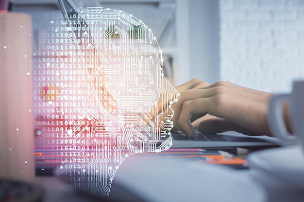 Double exposure of woman hands working on computer and brain hologram drawing Ai concept