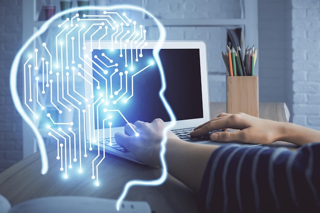 Double exposure of woman hands working on computer and brain hologram drawing Ai concept