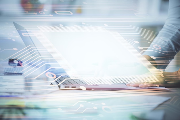 Double exposure of woman hands working on computer and data theme hologram drawing Tech concept