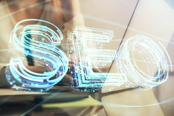 Photo double exposure of woman hands working on computer and seo hologram drawing internet search concept