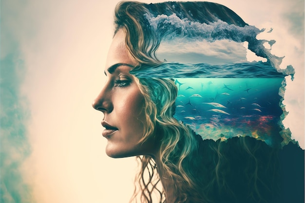 Double exposure woman ocean sea in peaceful mind