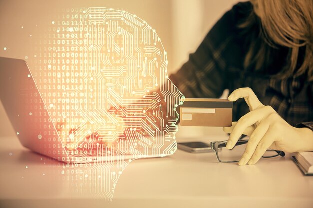 Photo double exposure of woman online shopping holding a credit card and brain hologram drawing data ecommerce concept