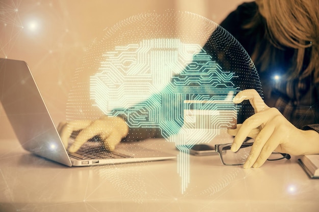 Double exposure of woman online shopping holding a credit card and brain hologram drawing Data Ecommerce concept