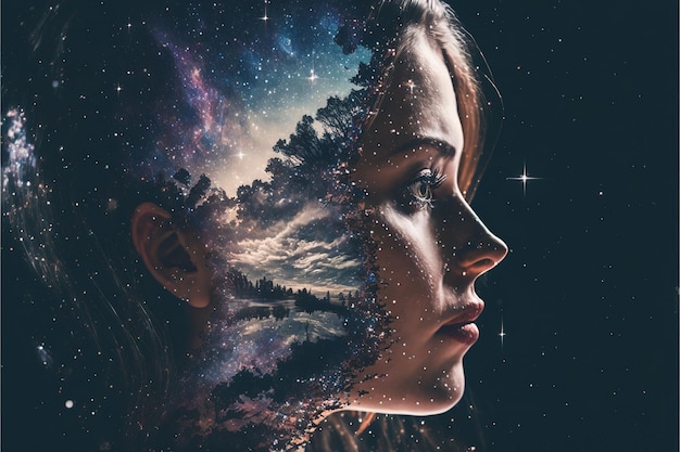 Photo double exposure woman portrait with starry night for psychology concept