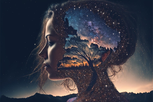 Double exposure woman portrait with starry night for psychology concept