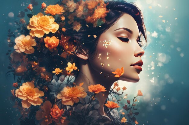 Double exposure woman profile and flowers ai generative