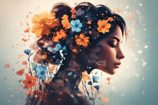 Double exposure woman profile and flowers ai generative