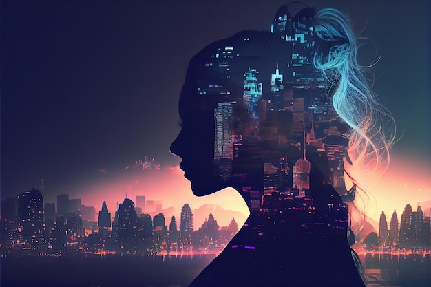 Double exposure of a woman profile and landscape Artificial intelligence AI generated illustration