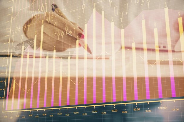 Double exposure of woman's hands making notes with forex graph hologram Concept technical analysis