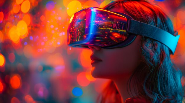 Double exposure of woman wearing VR headset with ai data analyst Virtual entertainment