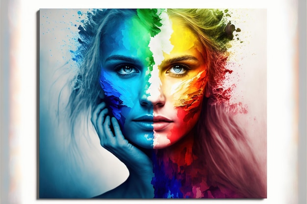 Double exposure woman with vivid rainbow color smoke for positive mind