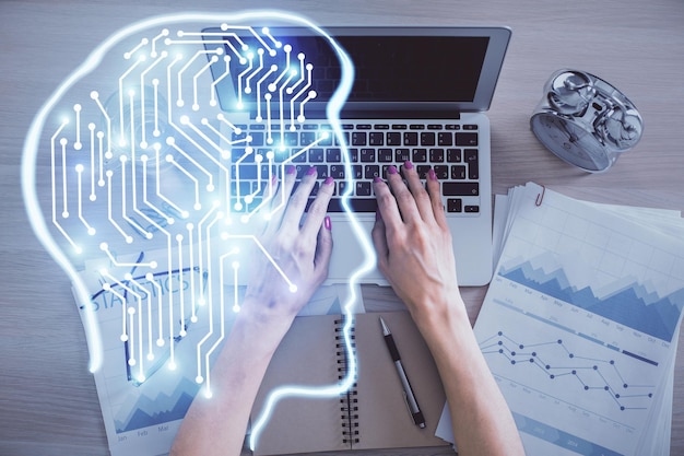 Double exposure of woman working on computer andhuman brain hologram drawing Top View Ai concept