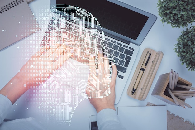 Double exposure of woman working on computer andhuman brain hologram drawing Top View Ai concept