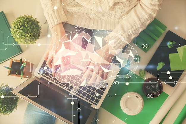 double exposure of woman working on computer andhuman brain hologram drawing top view ai concept