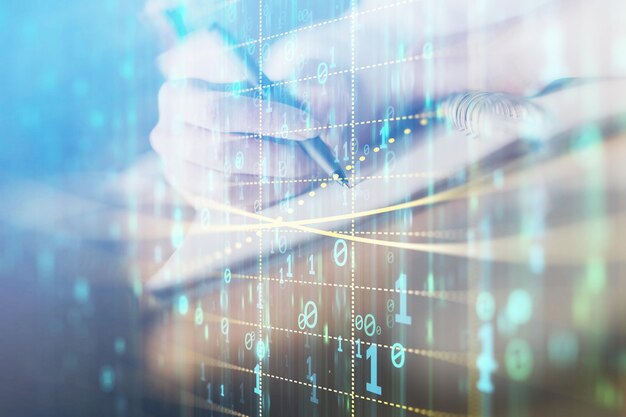 テクノロジーとデジタルコーディングアイコンを背景にした女性の手のダブルエクスポージャー データ開発コンセプト クローズアップ