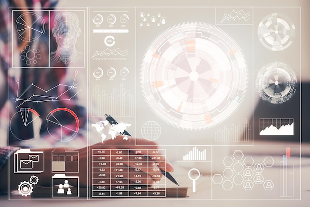 double exposure of womans writing hand on background with data technology hud big data concept