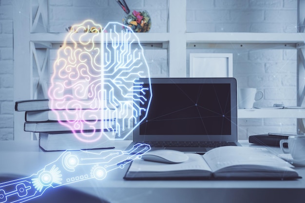 Photo double exposure of work table with computer and brain sketch hologram brainstorming concept