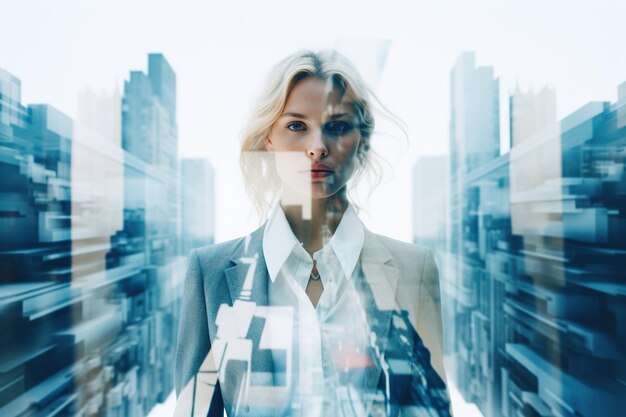 Photo double exposure of young businesswoman over cityscape background