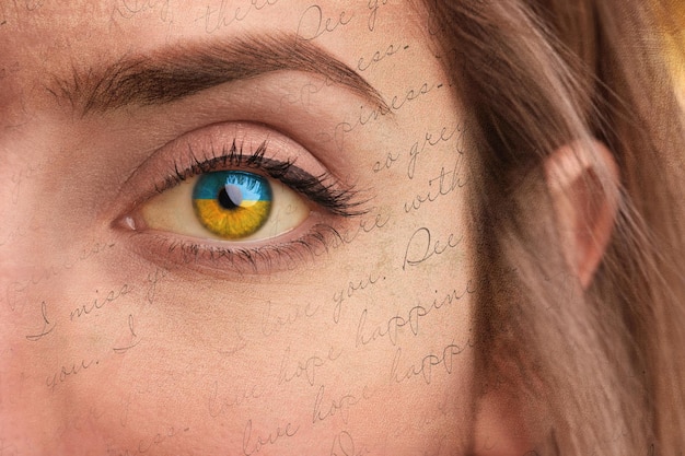 Double exposure of young woman and text closeup view of eye with Ukrainian flag reflection