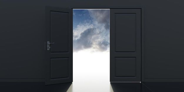 Double feaf door one open black wall cloudy sky and light\
enters from opening 3d