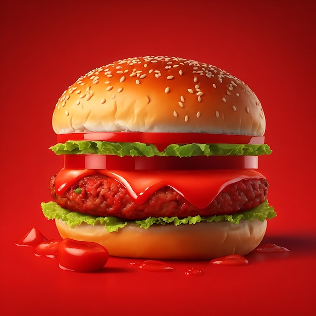 赤い背景に分離されたダブル ハンバーガー牛肉とクリーム チーズの新鮮なハンバーガーのファーストフード