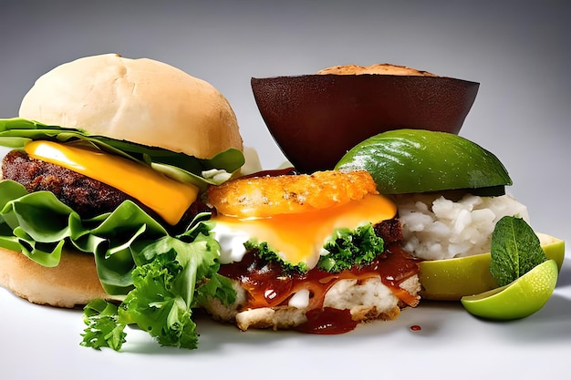 Двойной гамбургер с сыром, листьями салата и лаймом на боку