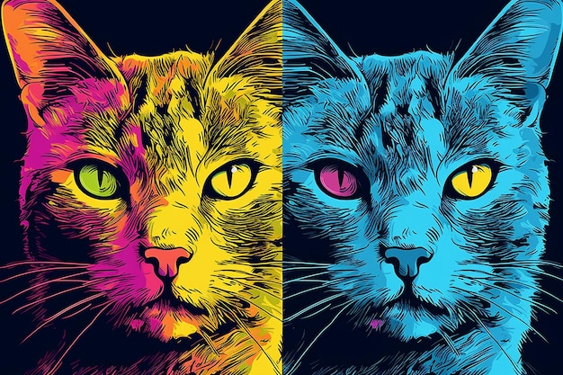 Double image of a cat A colorful poster of a cat with yellow blue and green eyes