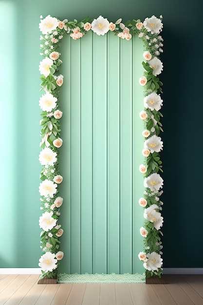 Double layer wooden wedding backdrop stand with ache panel white flowers greenery leaf twig bouq