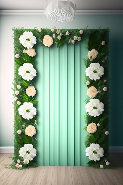 Double layer wooden wedding backdrop stand with ache panel white flowers greenery leaf twig bouq