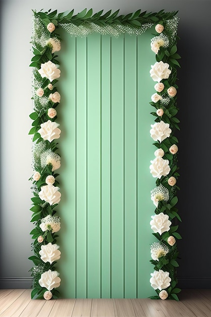 Double layer wooden wedding backdrop stand with ache panel white flowers greenery leaf twig bouq