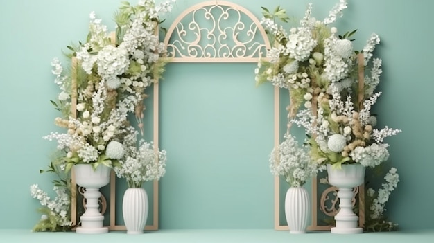 Double layer wooden wedding backdrop stand with ache panel white flowers greenery leaf